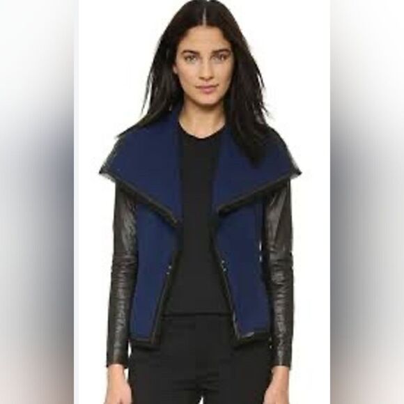Vince Women's  Black Blue Leather & Wool Boucle Draped Collar Jacket size 0 - Picture 1 of 9
